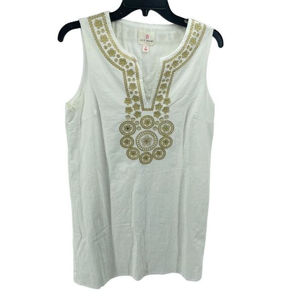 JB By Julie Brown Womens Embroidered tunic Dress Sleeveless Lined Cream Gold 6 - Picture 1 of 12